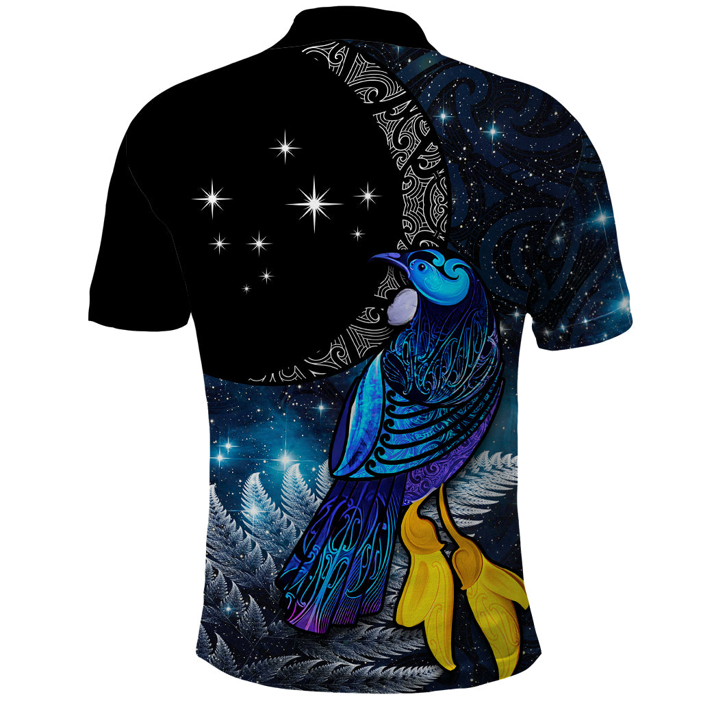 New Zealand Tui Bird Matariki Polo Shirt Galaxy Fern With Maori Pattern LT03 - Polynesian Pride