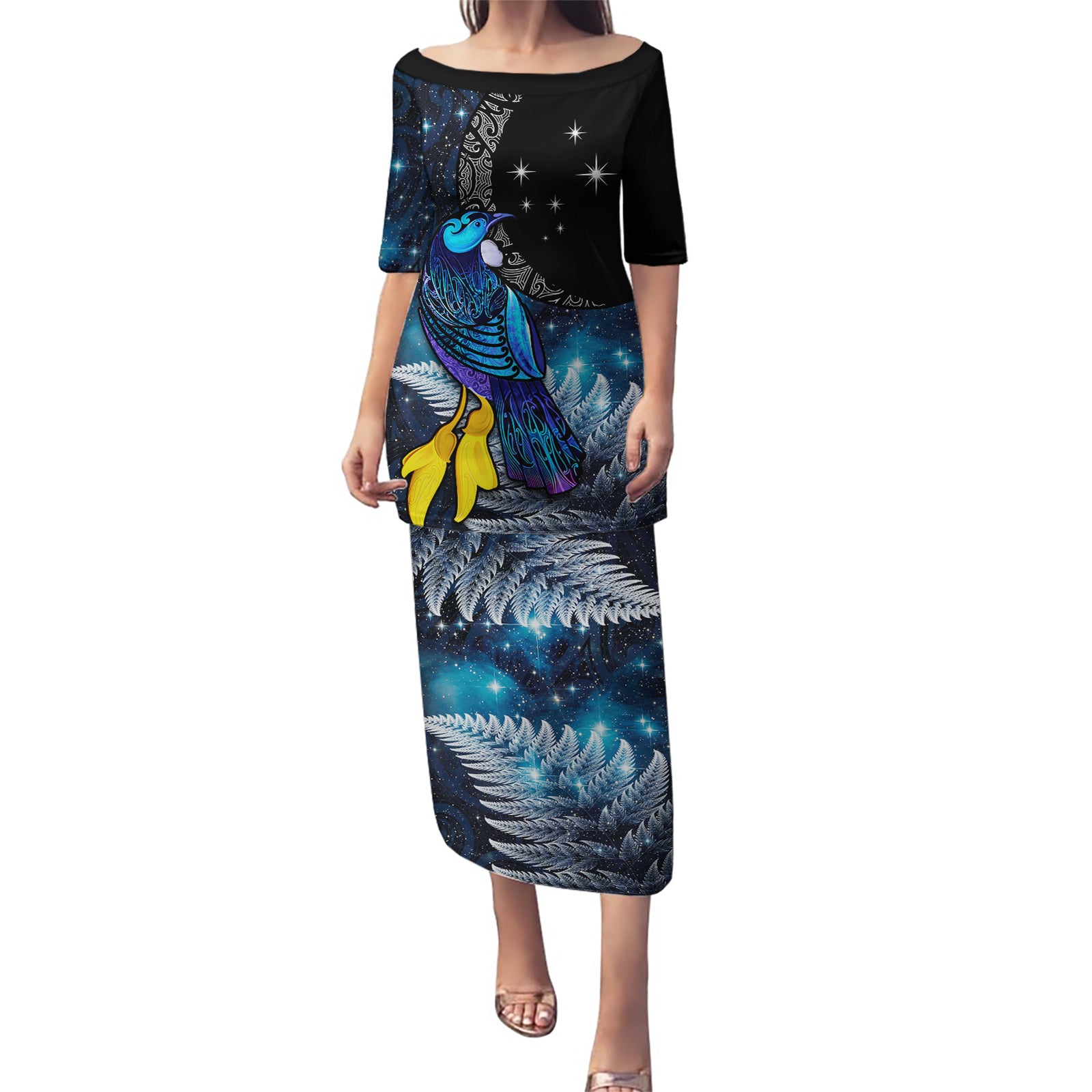 New Zealand Tui Bird Matariki Puletasi Galaxy Fern With Maori Pattern