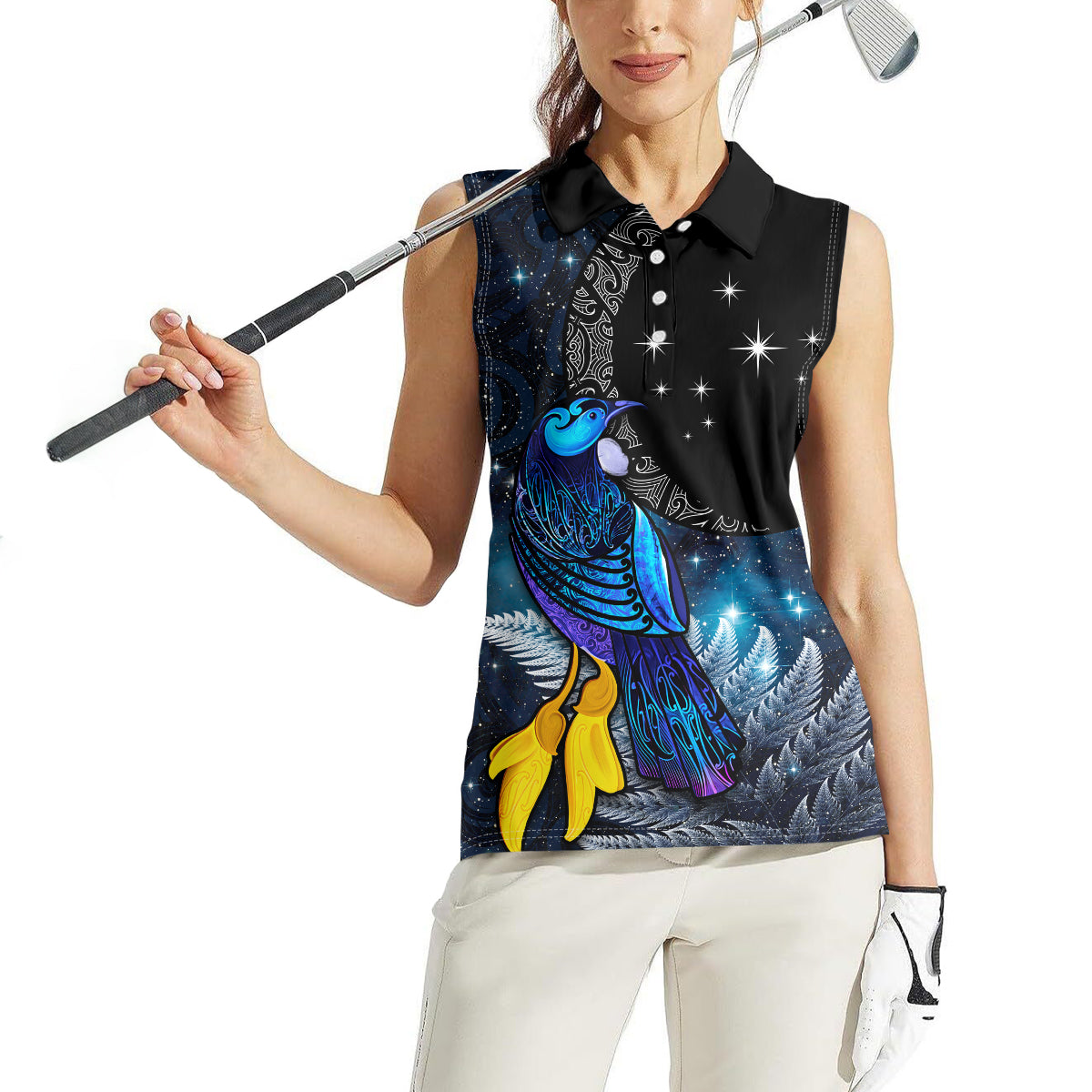 New Zealand Tui Bird Matariki Women Sleeveless Polo Shirt Galaxy Fern With Maori Pattern