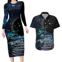 New Zealand Tui Bird Couples Matching Long Sleeve Bodycon Dress and Hawaiian Shirt Matariki Poetry Pattern Galaxy Style LT03 Blue - Polynesian Pride