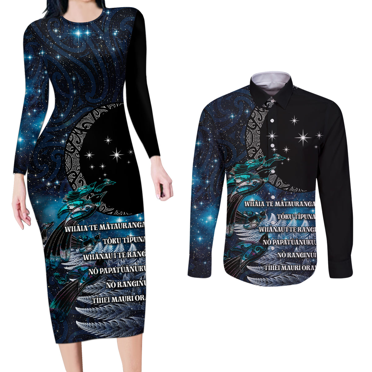 New Zealand Tui Bird Couples Matching Long Sleeve Bodycon Dress and Long Sleeve Button Shirt Matariki Poetry Pattern Galaxy Style LT03 Blue - Polynesian Pride