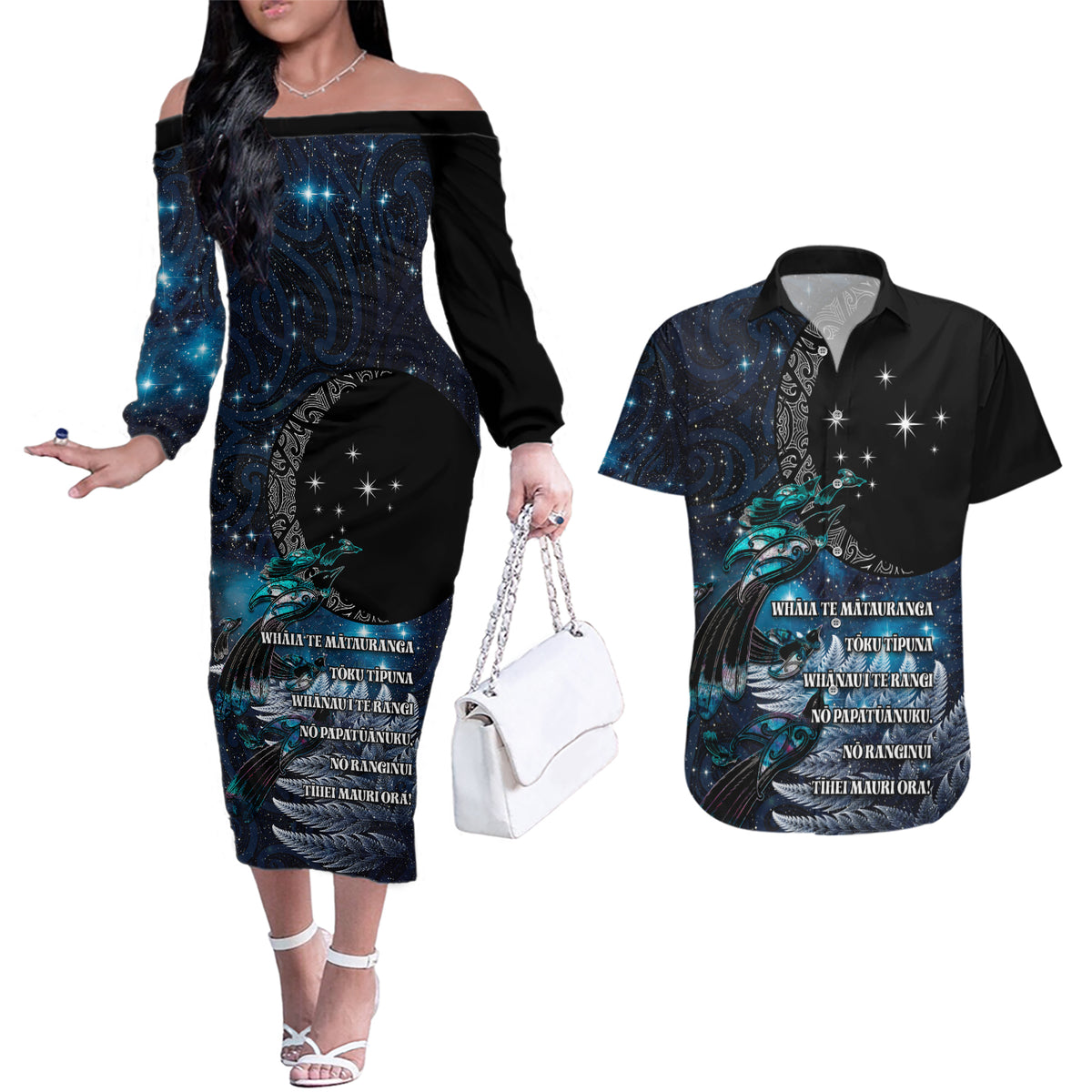 New Zealand Tui Bird Couples Matching Off The Shoulder Long Sleeve Dress and Hawaiian Shirt Matariki Poetry Pattern Galaxy Style LT03 Blue - Polynesian Pride
