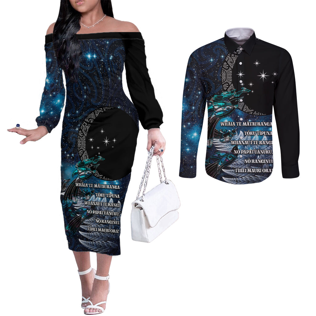 New Zealand Tui Bird Couples Matching Off The Shoulder Long Sleeve Dress and Long Sleeve Button Shirt Matariki Poetry Pattern Galaxy Style LT03 Blue - Polynesian Pride