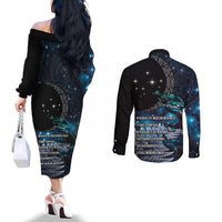 New Zealand Tui Bird Couples Matching Off The Shoulder Long Sleeve Dress and Long Sleeve Button Shirt Matariki Poetry Pattern Galaxy Style LT03 - Polynesian Pride