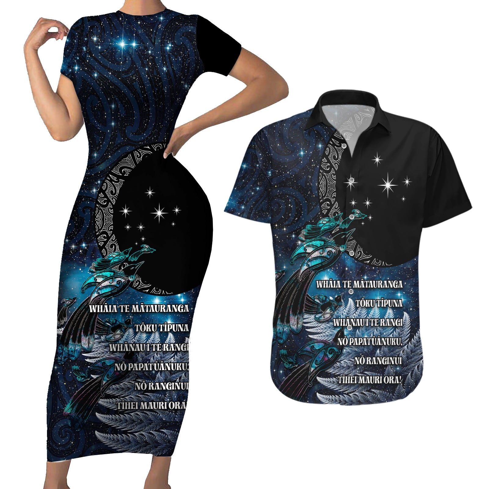 New Zealand Tui Bird Couples Matching Short Sleeve Bodycon Dress and Hawaiian Shirt Matariki Poetry Pattern Galaxy Style