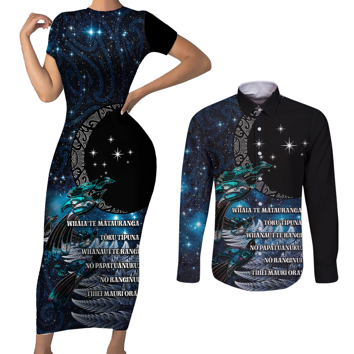 New Zealand Tui Bird Couples Matching Short Sleeve Bodycon Dress and Long Sleeve Button Shirt Matariki Poetry Pattern Galaxy Style LT03 Blue - Polynesian Pride