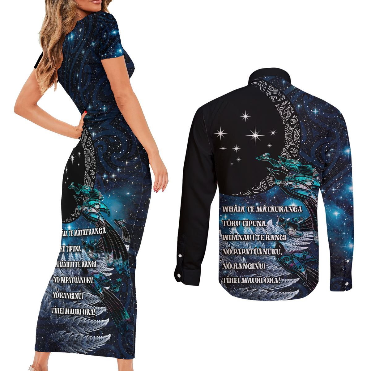 New Zealand Tui Bird Couples Matching Short Sleeve Bodycon Dress and Long Sleeve Button Shirt Matariki Poetry Pattern Galaxy Style LT03 - Polynesian Pride