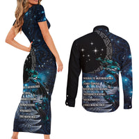 New Zealand Tui Bird Couples Matching Short Sleeve Bodycon Dress and Long Sleeve Button Shirt Matariki Poetry Pattern Galaxy Style LT03 - Polynesian Pride