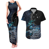 New Zealand Tui Bird Couples Matching Tank Maxi Dress and Hawaiian Shirt Matariki Poetry Pattern Galaxy Style LT03 Blue - Polynesian Pride