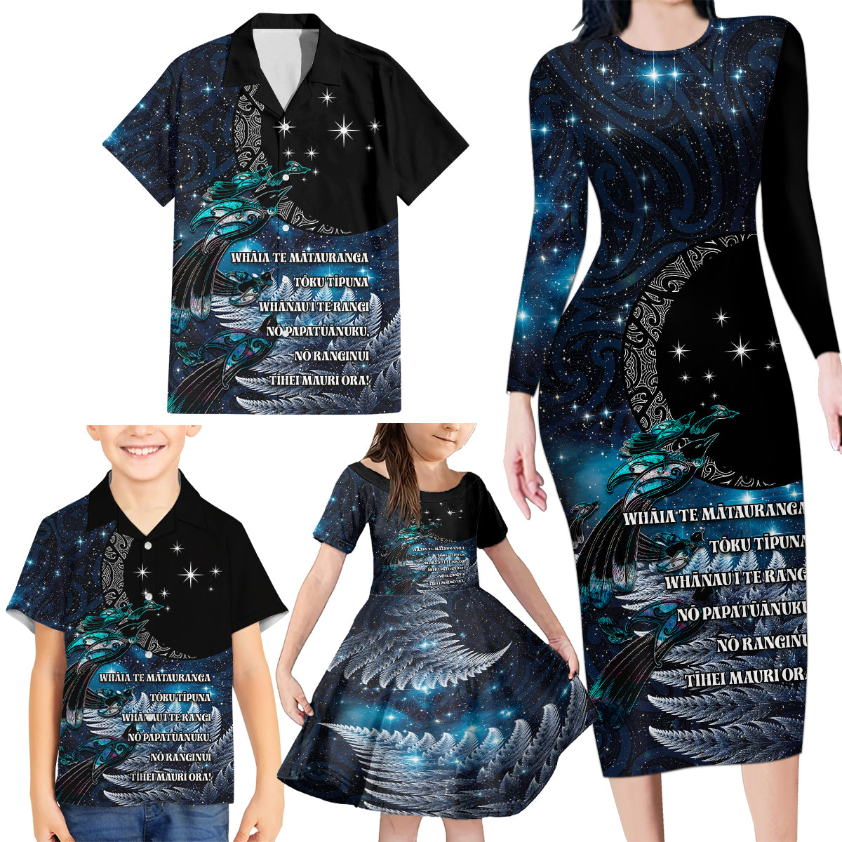 New Zealand Tui Bird Family Matching Long Sleeve Bodycon Dress and Hawaiian Shirt Matariki Poetry Pattern Galaxy Style LT03 - Polynesian Pride