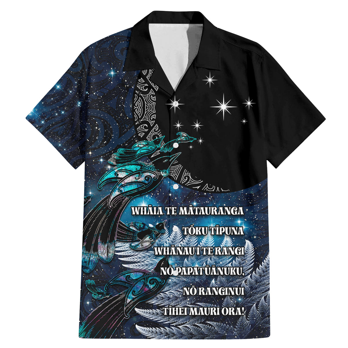 New Zealand Tui Bird Family Matching Mermaid Dress and Hawaiian Shirt Matariki Poetry Pattern Galaxy Style LT03 Dad's Shirt - Short Sleeve Blue - Polynesian Pride