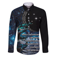 New Zealand Tui Bird Family Matching Mermaid Dress and Hawaiian Shirt Matariki Poetry Pattern Galaxy Style LT03 Dad's Shirt - Long Sleeve Blue - Polynesian Pride