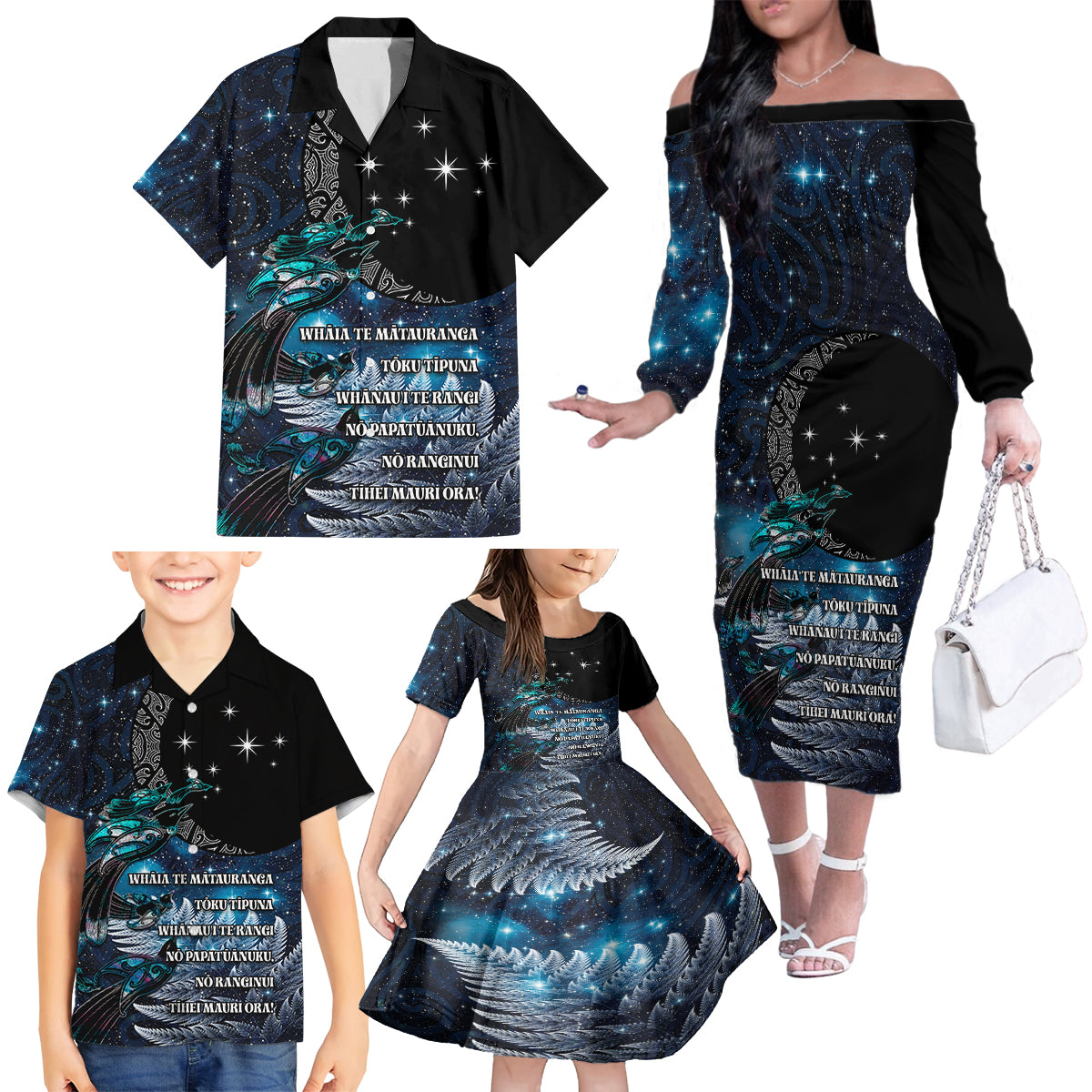 New Zealand Tui Bird Family Matching Off The Shoulder Long Sleeve Dress and Hawaiian Shirt Matariki Poetry Pattern Galaxy Style LT03 - Polynesian Pride