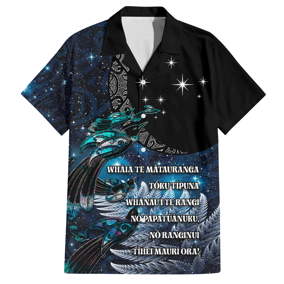 New Zealand Tui Bird Family Matching Off Shoulder Maxi Dress and Hawaiian Shirt Matariki Poetry Pattern Galaxy Style LT03 Dad's Shirt - Short Sleeve Blue - Polynesian Pride