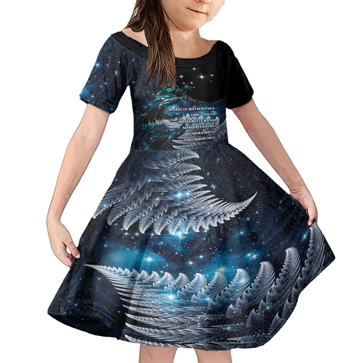 New Zealand Tui Bird Family Matching Off Shoulder Short Dress and Hawaiian Shirt Matariki Poetry Pattern Galaxy Style LT03 Daughter's Dress Blue - Polynesian Pride