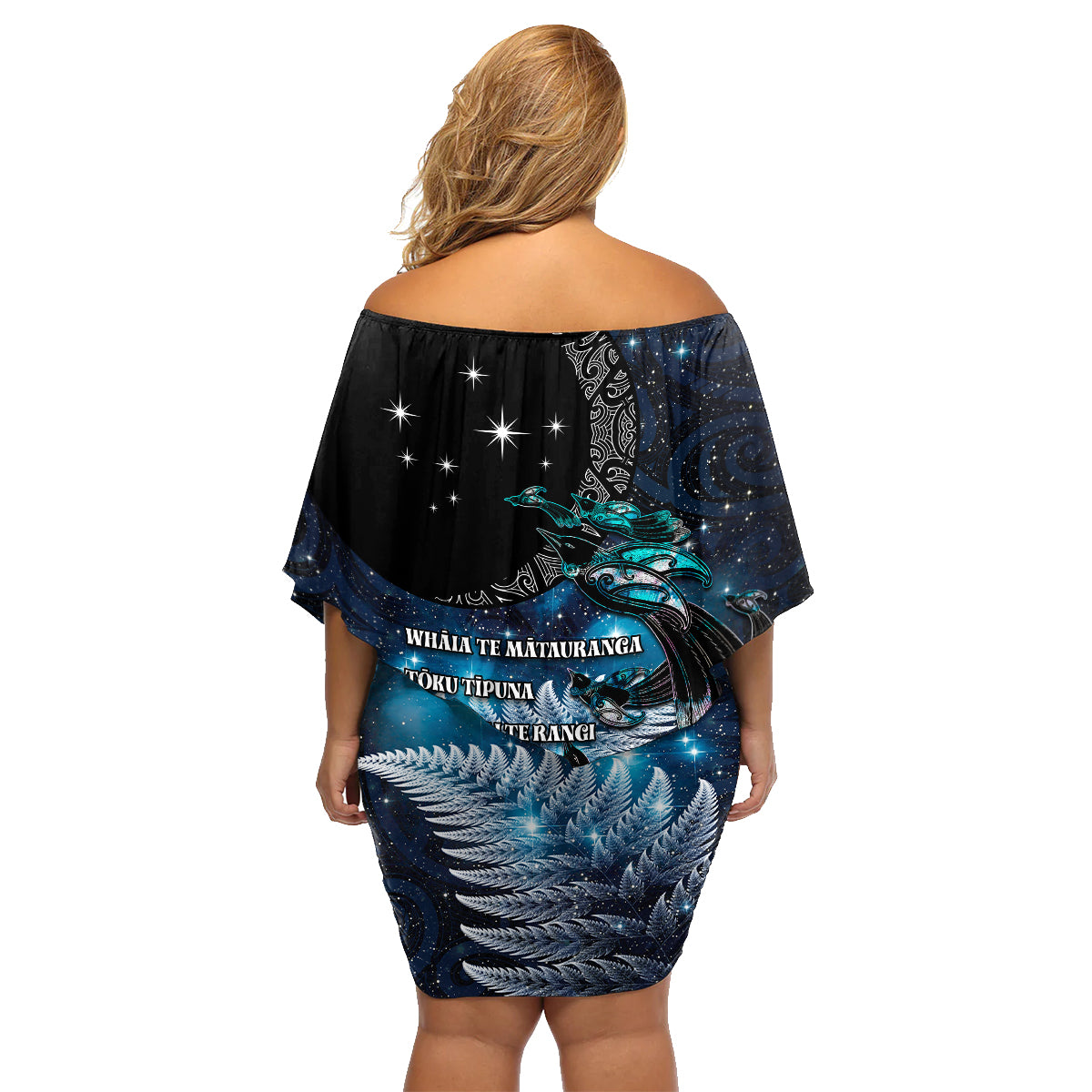New Zealand Tui Bird Family Matching Off Shoulder Short Dress and Hawaiian Shirt Matariki Poetry Pattern Galaxy Style LT03 - Polynesian Pride