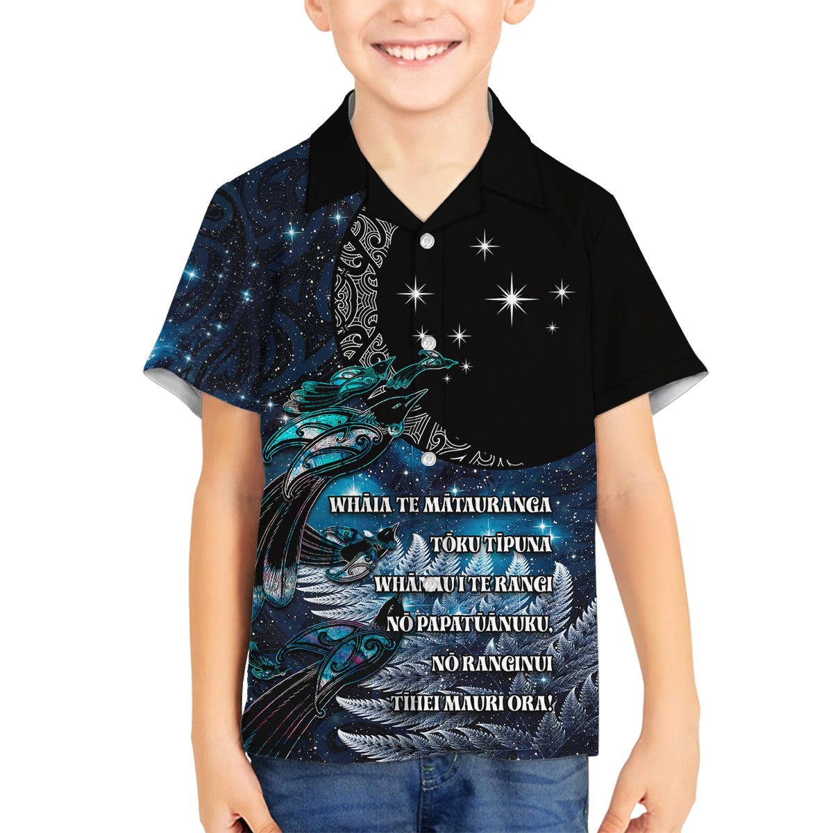 New Zealand Tui Bird Family Matching Off Shoulder Short Dress and Hawaiian Shirt Matariki Poetry Pattern Galaxy Style LT03 Son's Shirt Blue - Polynesian Pride