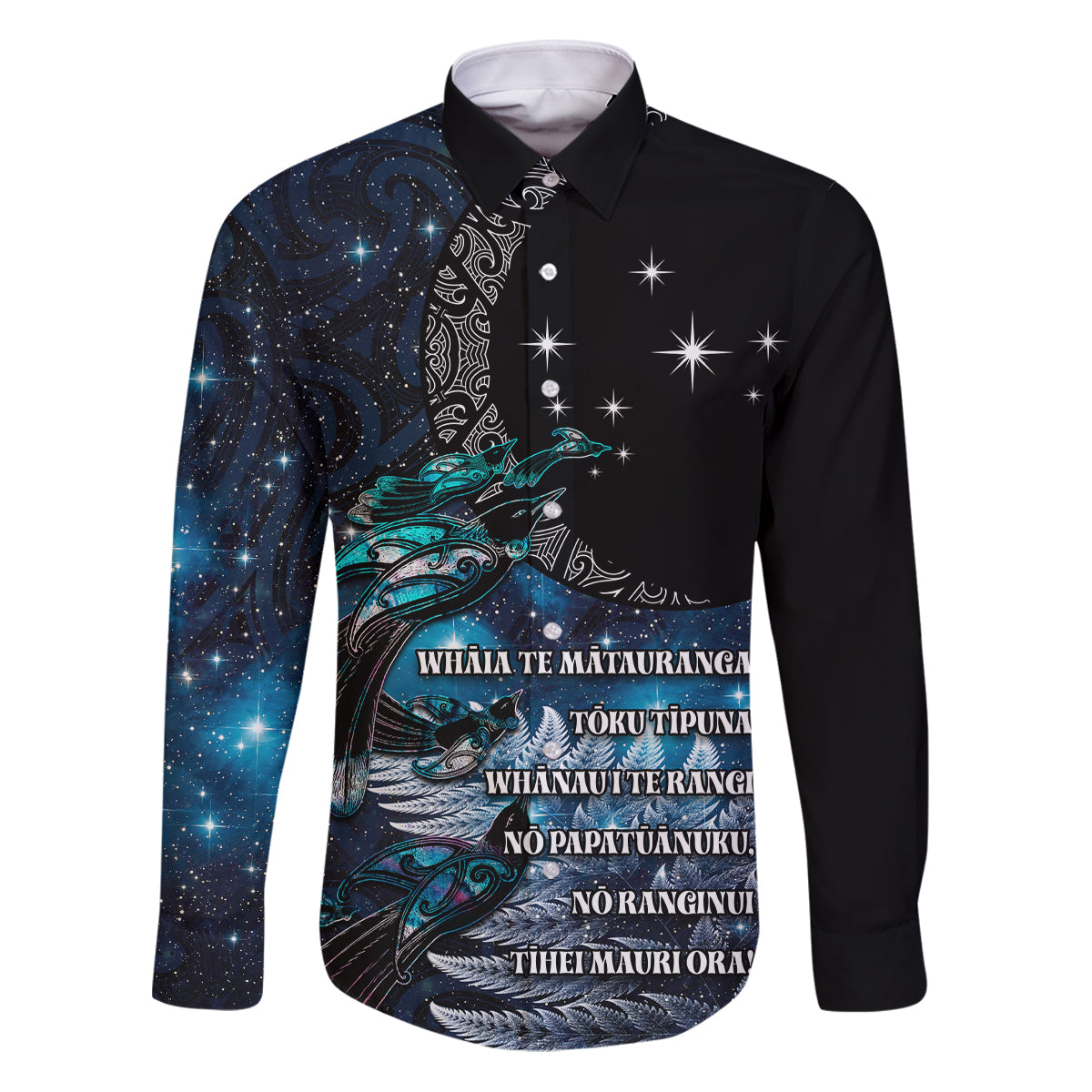 New Zealand Tui Bird Family Matching Puletasi and Hawaiian Shirt Matariki Poetry Pattern Galaxy Style LT03 Dad's Shirt - Long Sleeve Blue - Polynesian Pride