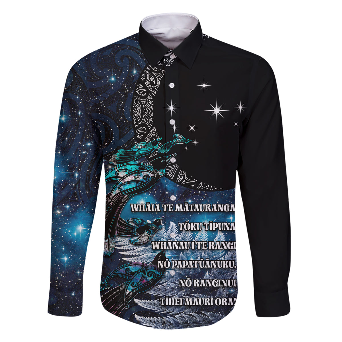 New Zealand Tui Bird Family Matching Short Sleeve Bodycon Dress and Hawaiian Shirt Matariki Poetry Pattern Galaxy Style LT03 Dad's Shirt - Long Sleeve Blue - Polynesian Pride