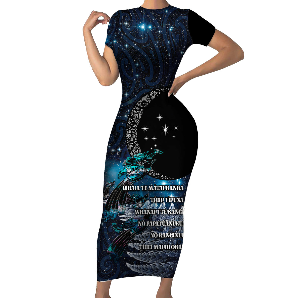 New Zealand Tui Bird Family Matching Short Sleeve Bodycon Dress and Hawaiian Shirt Matariki Poetry Pattern Galaxy Style LT03 Mom's Dress Blue - Polynesian Pride