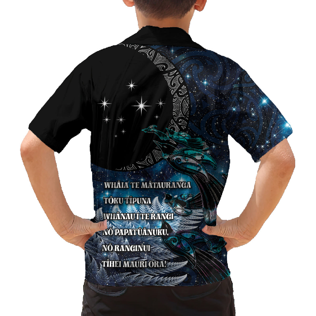 New Zealand Tui Bird Family Matching Summer Maxi Dress and Hawaiian Shirt Matariki Poetry Pattern Galaxy Style LT03 - Polynesian Pride