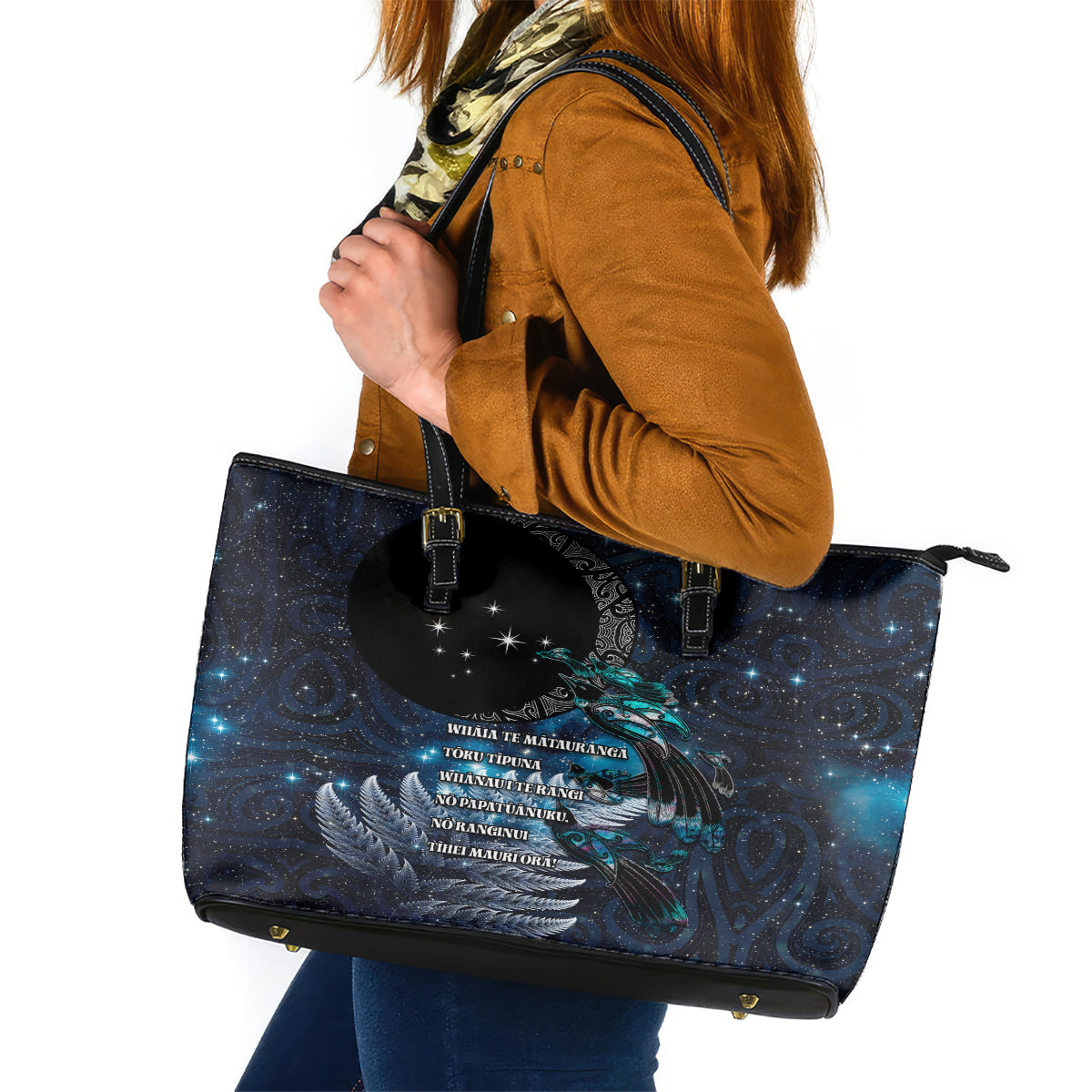 New Zealand Tui Bird Leather Tote Bag Matariki Poetry Pattern Galaxy Style