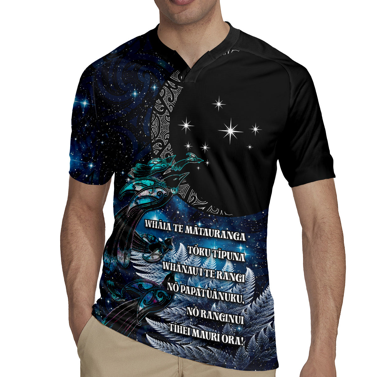 New Zealand Tui Bird Rugby Jersey Matariki Poetry Pattern Galaxy Style