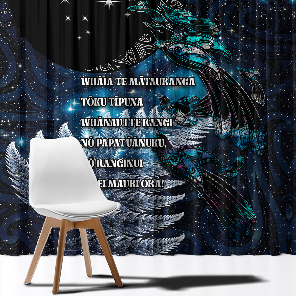 New Zealand Tui Bird Window Curtain Matariki Poetry Pattern Galaxy Style