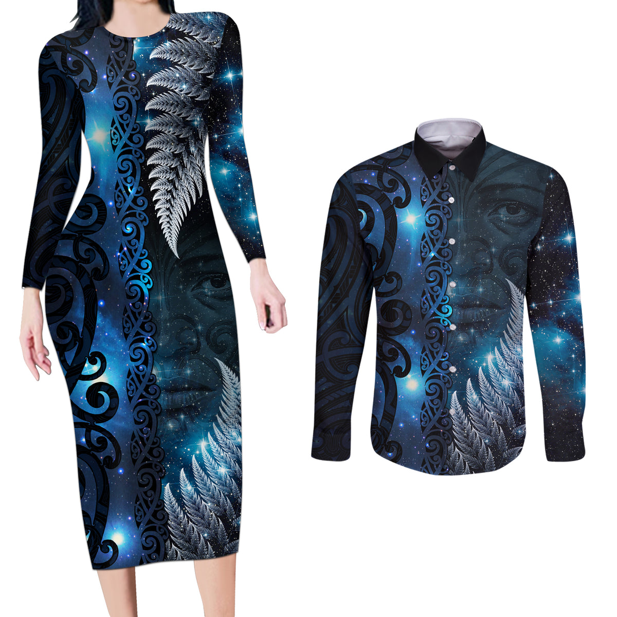 New Zealand Matariki Couples Matching Long Sleeve Bodycon Dress and Long Sleeve Button Shirt The Tribal Maori Face and Silver Fern LT03 Blue - Polynesian Pride
