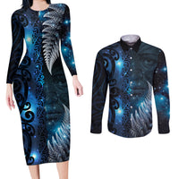 New Zealand Matariki Couples Matching Long Sleeve Bodycon Dress and Long Sleeve Button Shirt The Tribal Maori Face and Silver Fern LT03 Blue - Polynesian Pride