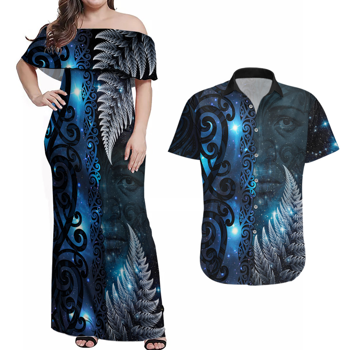 New Zealand Matariki Couples Matching Off Shoulder Maxi Dress and Hawaiian Shirt The Tribal Maori Face and Silver Fern LT03 Blue - Polynesian Pride