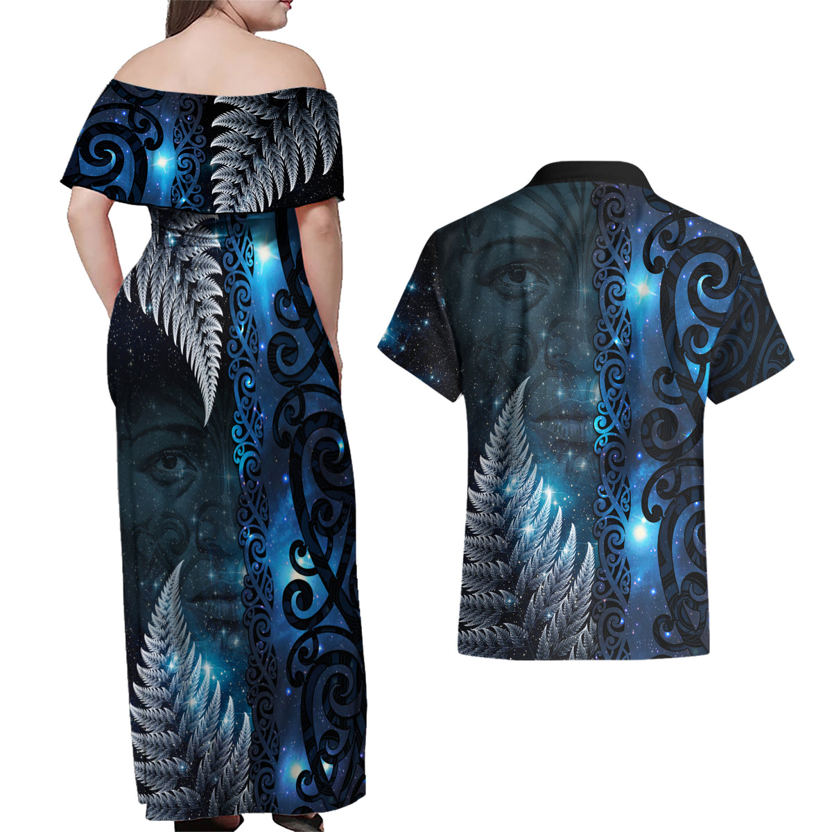 New Zealand Matariki Couples Matching Off Shoulder Maxi Dress and Hawaiian Shirt The Tribal Maori Face and Silver Fern LT03 - Polynesian Pride