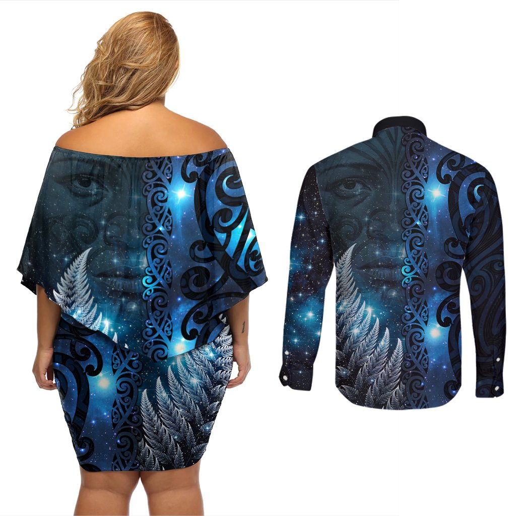 New Zealand Matariki Couples Matching Off Shoulder Short Dress and Long Sleeve Button Shirt The Tribal Maori Face and Silver Fern LT03 - Polynesian Pride