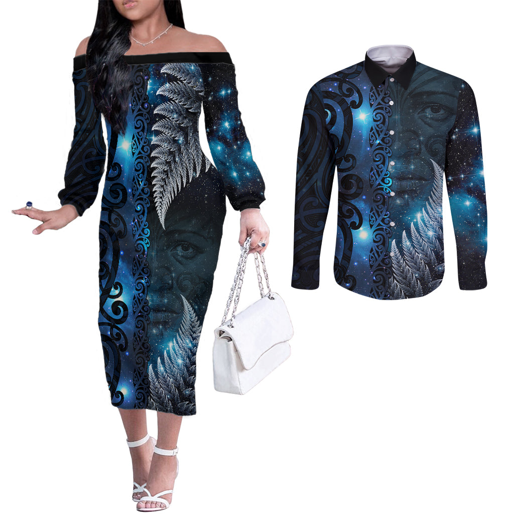 New Zealand Matariki Couples Matching Off The Shoulder Long Sleeve Dress and Long Sleeve Button Shirt The Tribal Maori Face and Silver Fern LT03 Blue - Polynesian Pride