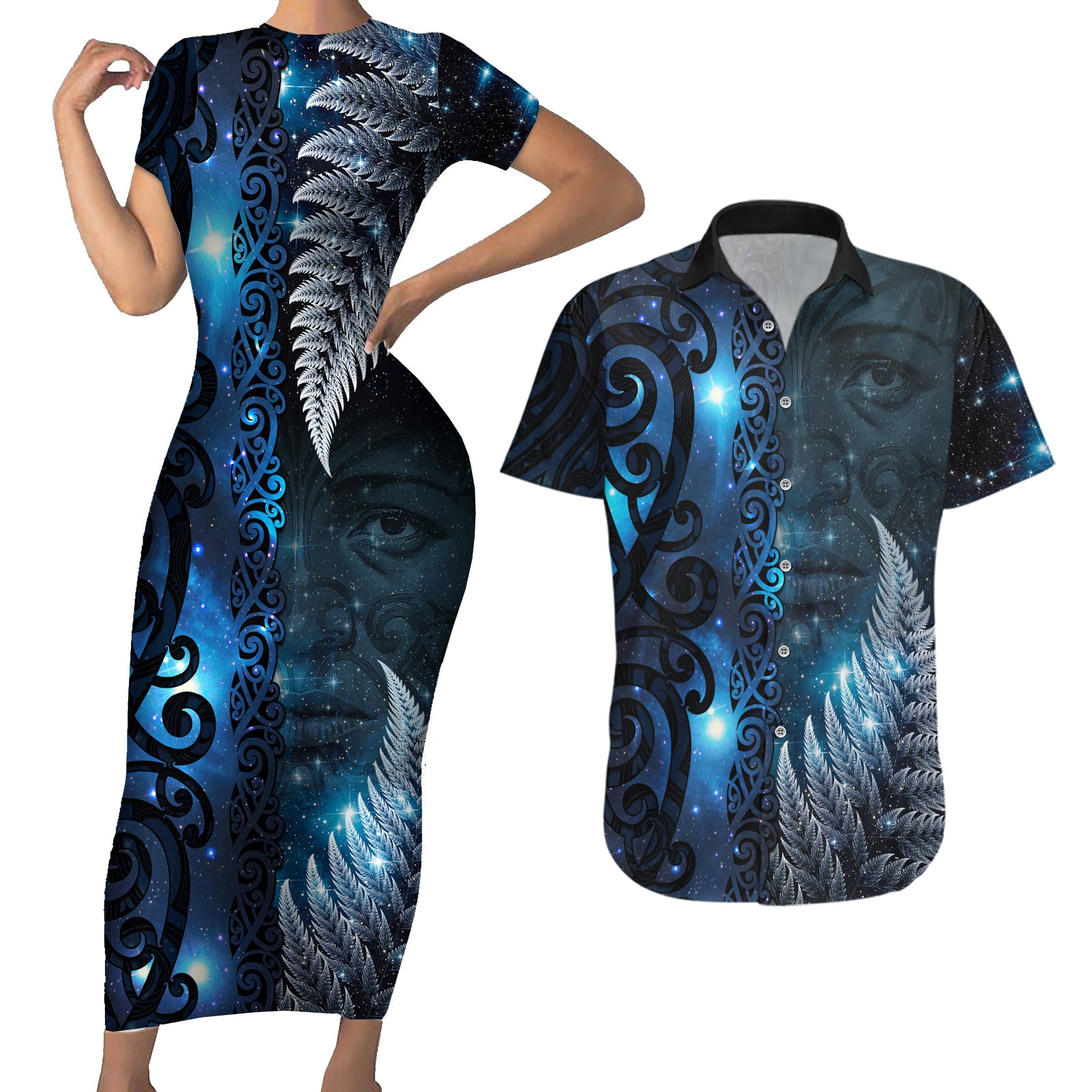 New Zealand Matariki Couples Matching Short Sleeve Bodycon Dress and Hawaiian Shirt The Tribal Maori Face and Silver Fern