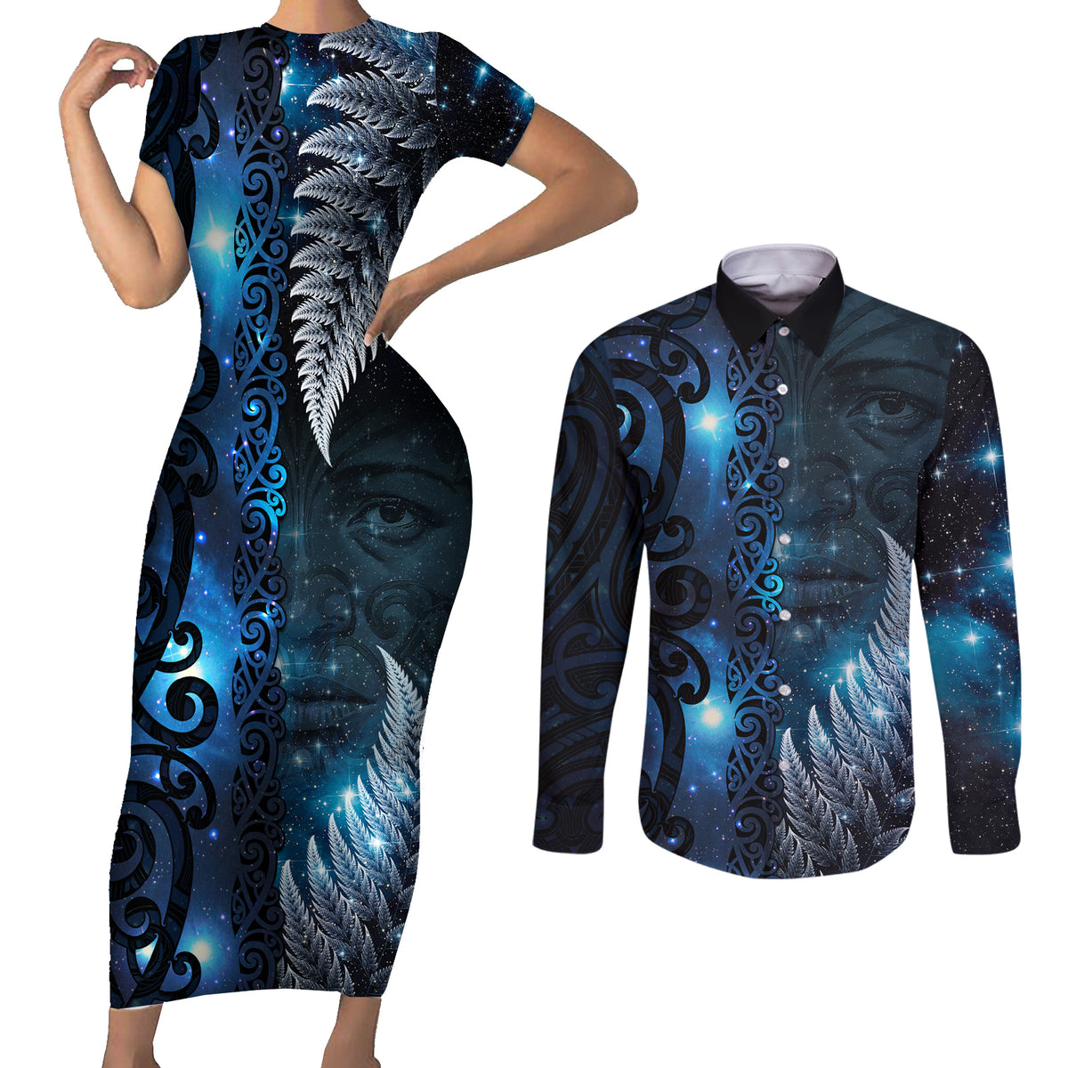 New Zealand Matariki Couples Matching Short Sleeve Bodycon Dress and Long Sleeve Button Shirt The Tribal Maori Face and Silver Fern LT03 Blue - Polynesian Pride