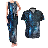 New Zealand Matariki Couples Matching Tank Maxi Dress and Hawaiian Shirt The Tribal Maori Face and Silver Fern LT03 Blue - Polynesian Pride
