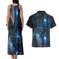 New Zealand Matariki Couples Matching Tank Maxi Dress and Hawaiian Shirt The Tribal Maori Face and Silver Fern LT03 - Polynesian Pride