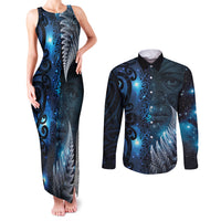New Zealand Matariki Couples Matching Tank Maxi Dress and Long Sleeve Button Shirt The Tribal Maori Face and Silver Fern LT03 Blue - Polynesian Pride