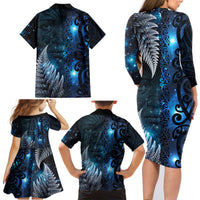 New Zealand Matariki Family Matching Long Sleeve Bodycon Dress and Hawaiian Shirt The Tribal Maori Face and Silver Fern LT03 - Polynesian Pride