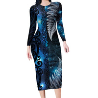 New Zealand Matariki Family Matching Long Sleeve Bodycon Dress and Hawaiian Shirt The Tribal Maori Face and Silver Fern LT03 Mom's Dress Blue - Polynesian Pride