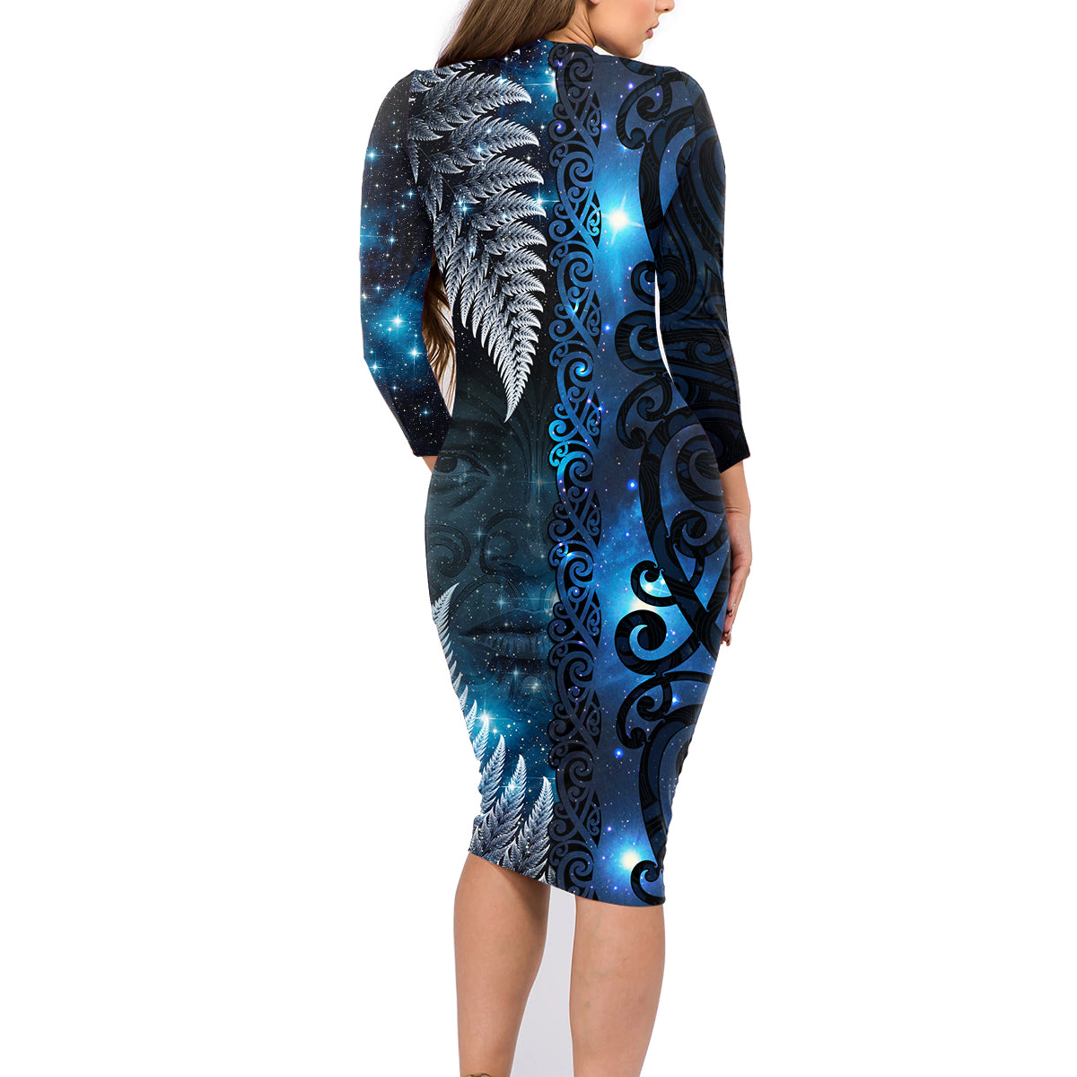 New Zealand Matariki Family Matching Long Sleeve Bodycon Dress and Hawaiian Shirt The Tribal Maori Face and Silver Fern LT03 - Polynesian Pride