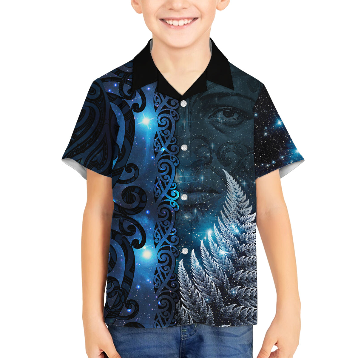 New Zealand Matariki Family Matching Long Sleeve Bodycon Dress and Hawaiian Shirt The Tribal Maori Face and Silver Fern LT03 Son's Shirt Blue - Polynesian Pride