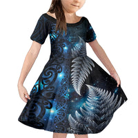 New Zealand Matariki Family Matching Mermaid Dress and Hawaiian Shirt The Tribal Maori Face and Silver Fern LT03 Daughter's Dress Blue - Polynesian Pride