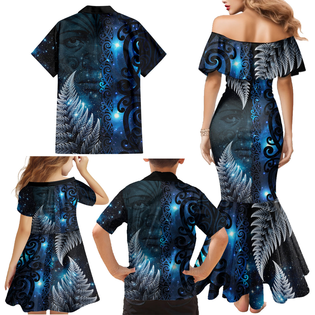 New Zealand Matariki Family Matching Mermaid Dress and Hawaiian Shirt The Tribal Maori Face and Silver Fern LT03 - Polynesian Pride