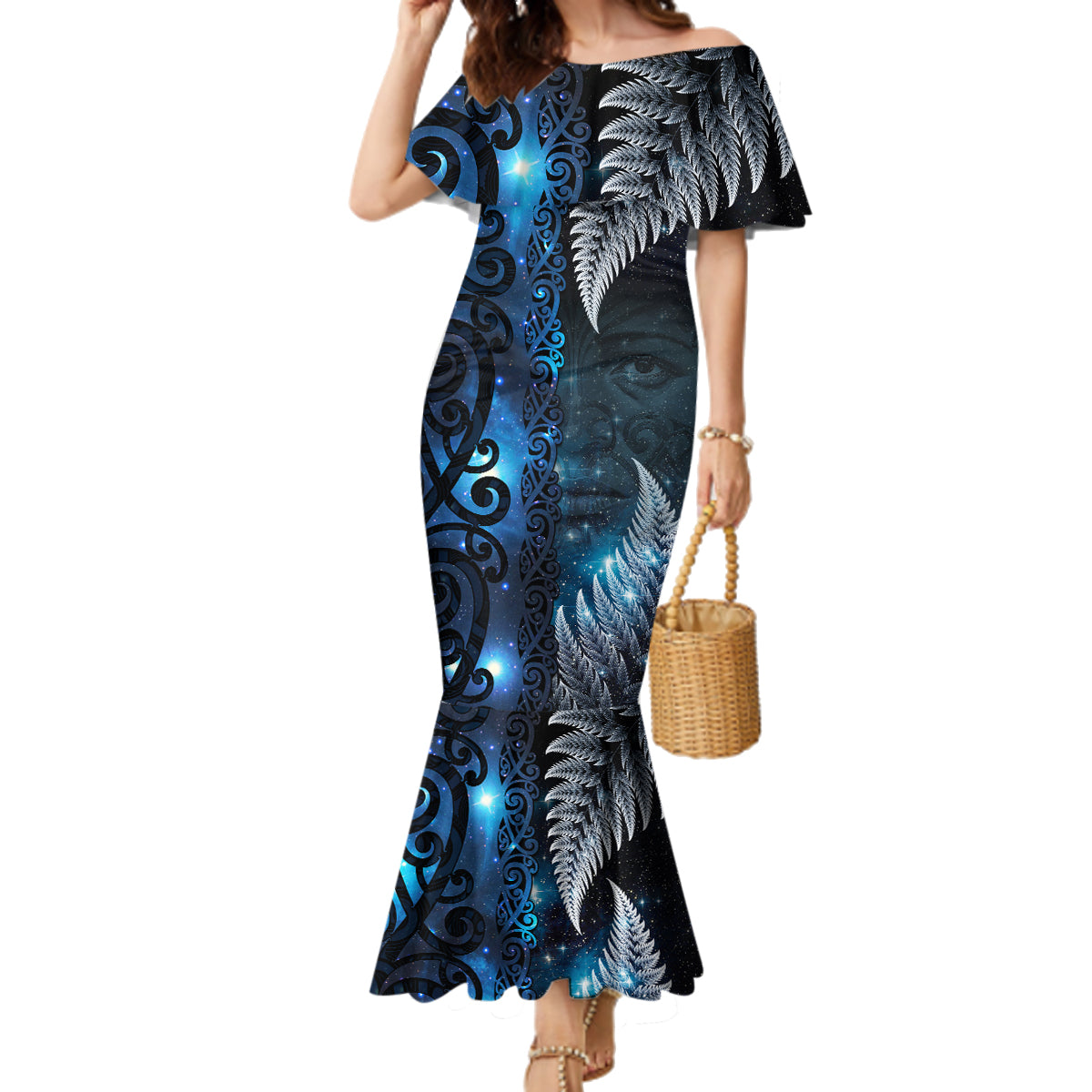 New Zealand Matariki Family Matching Mermaid Dress and Hawaiian Shirt The Tribal Maori Face and Silver Fern LT03 Mom's Dress Blue - Polynesian Pride