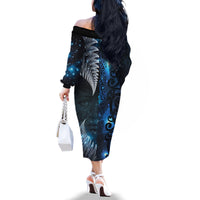 New Zealand Matariki Family Matching Off The Shoulder Long Sleeve Dress and Hawaiian Shirt The Tribal Maori Face and Silver Fern LT03 - Polynesian Pride
