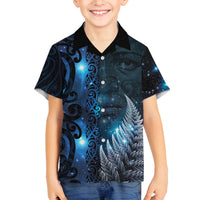 New Zealand Matariki Family Matching Off The Shoulder Long Sleeve Dress and Hawaiian Shirt The Tribal Maori Face and Silver Fern LT03 Son's Shirt Blue - Polynesian Pride