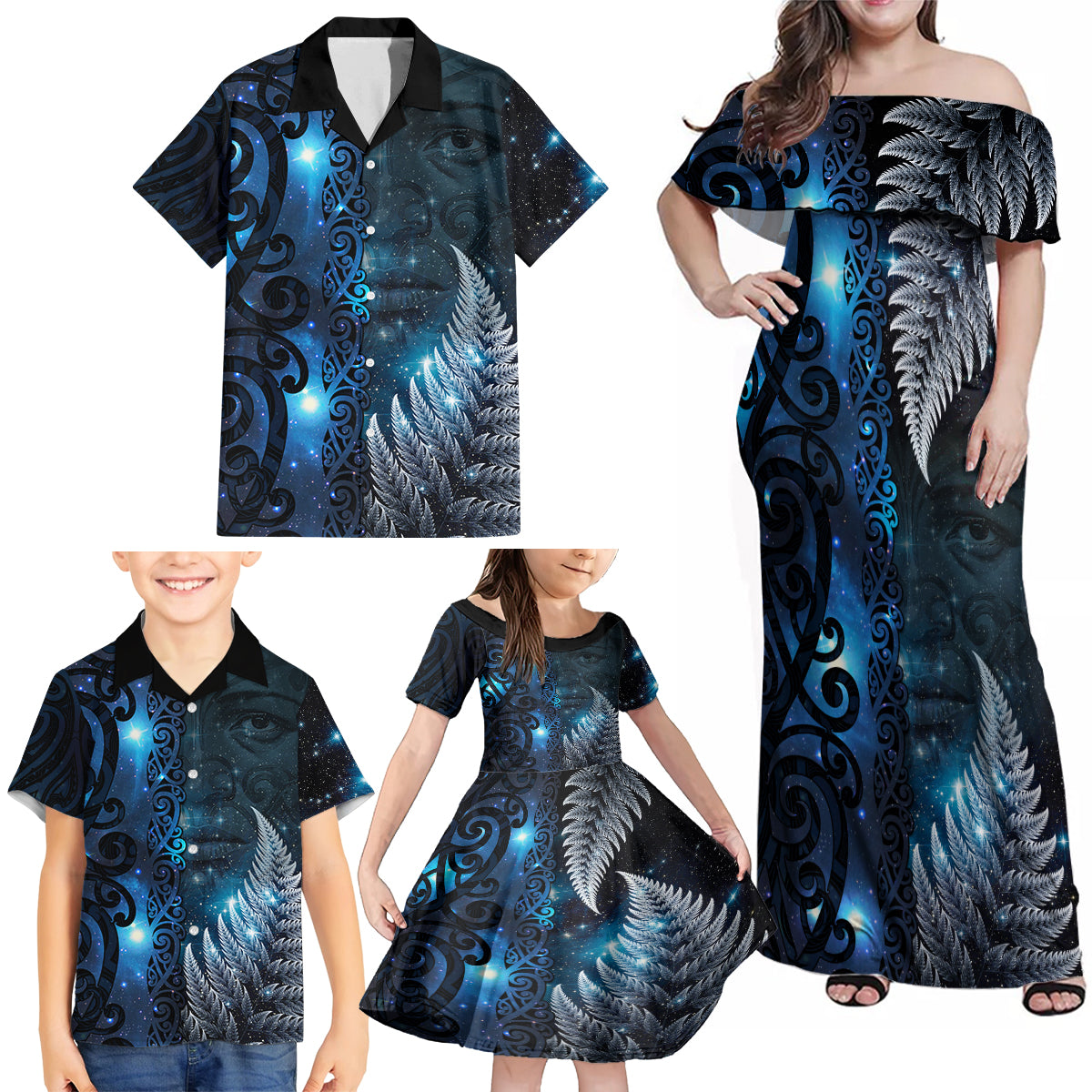 New Zealand Matariki Family Matching Off Shoulder Maxi Dress and Hawaiian Shirt The Tribal Maori Face and Silver Fern LT03 - Polynesian Pride