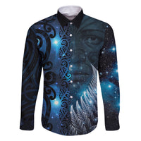 New Zealand Matariki Family Matching Off Shoulder Maxi Dress and Hawaiian Shirt The Tribal Maori Face and Silver Fern LT03 Dad's Shirt - Long Sleeve Blue - Polynesian Pride